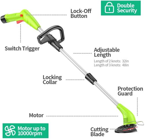 GardenJoy String Trimmer, 12V 2.0Ah Lithium-ion ,Cordless Trimmer with Cutting Blade, Adjustable Handle and Height for Weed Wacker,Yard and Garden